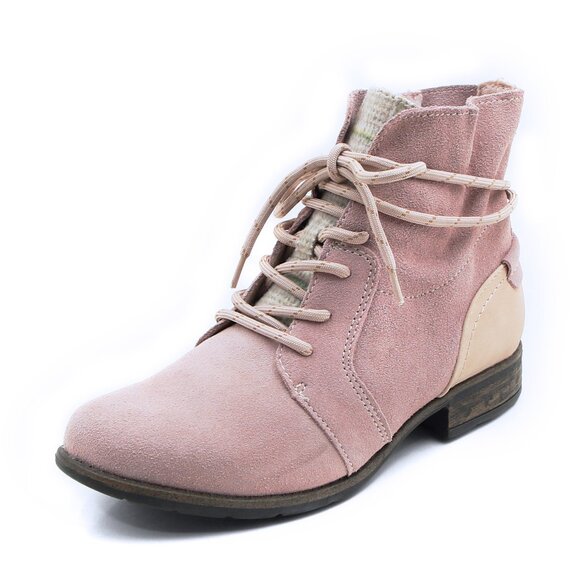 Shoes - Women's Dusty Pink Genuine Leather Suede Ankle Lace Bootie with Side Zipper